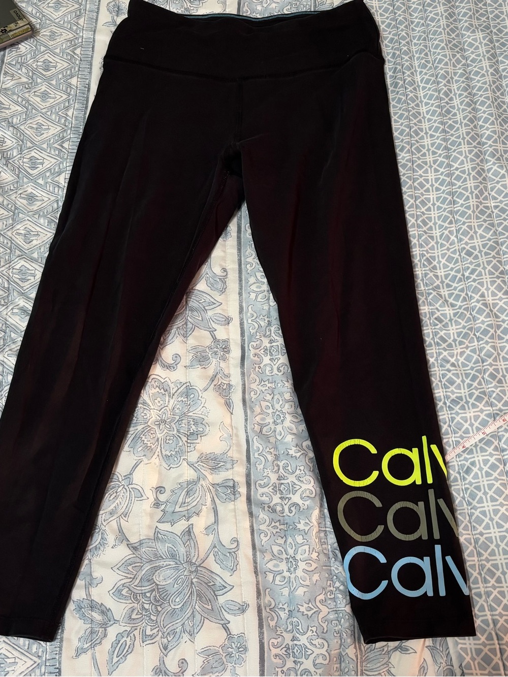 Calvin Klein Black Leggings with Neon Yellow and Light Blue Logo